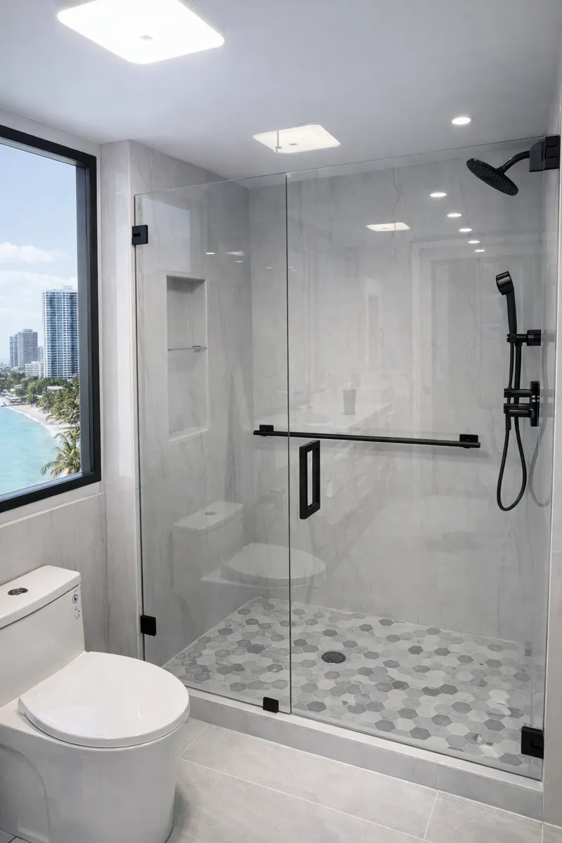 Tempered glass shower enclosure with minimalist hardware that brings elegance to modern bathrooms.
